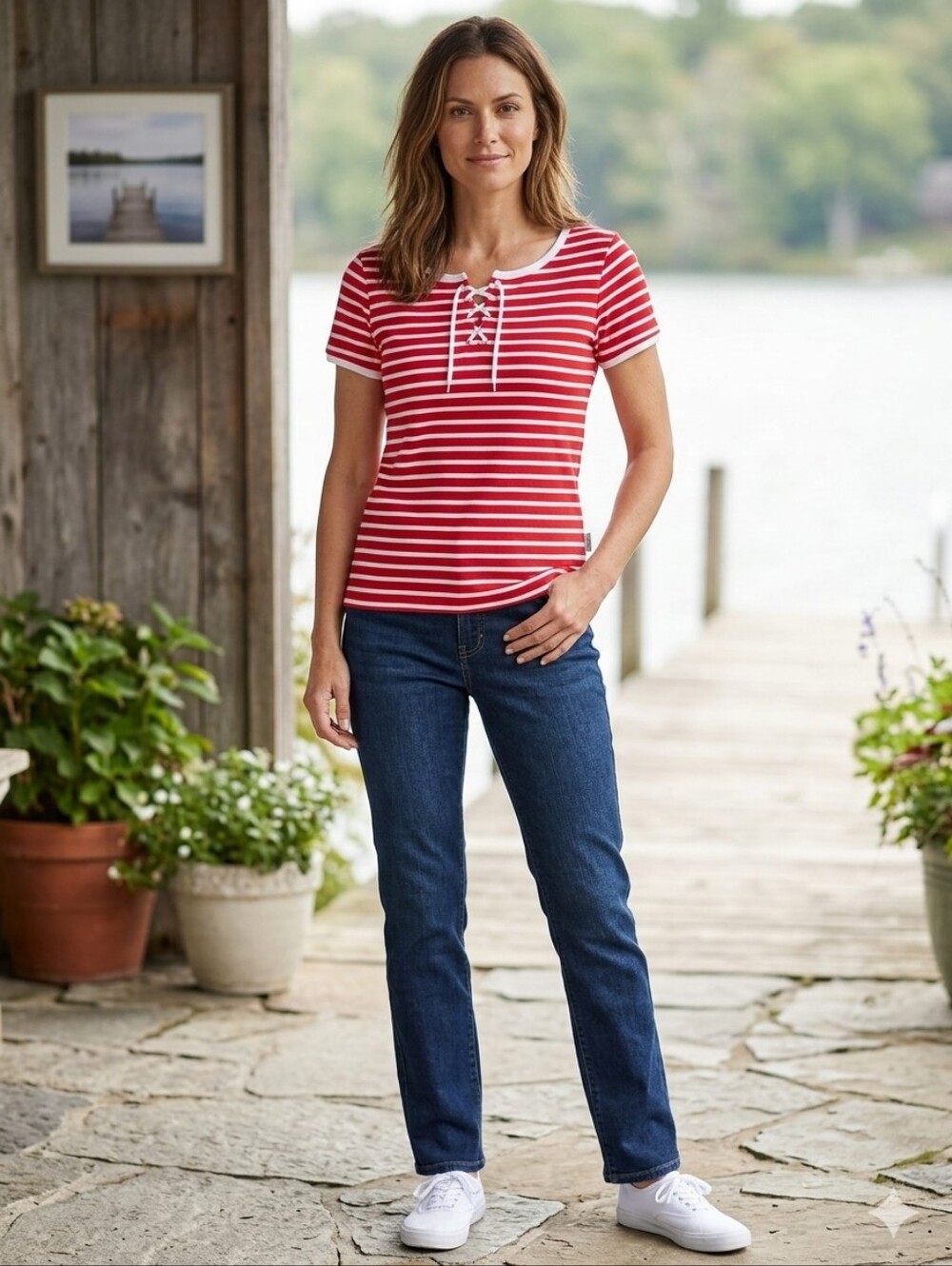 Nautica Jean Company Red and White Striped Lace-Up Short Sleeve Tee Vintage